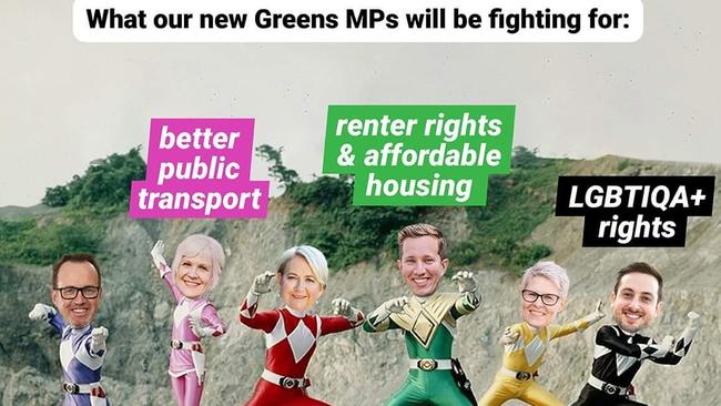 New federal Greens MPs star in a party meme featuring the criminally underrated 1990s TV show, Mighty Morphin Power Rangers.