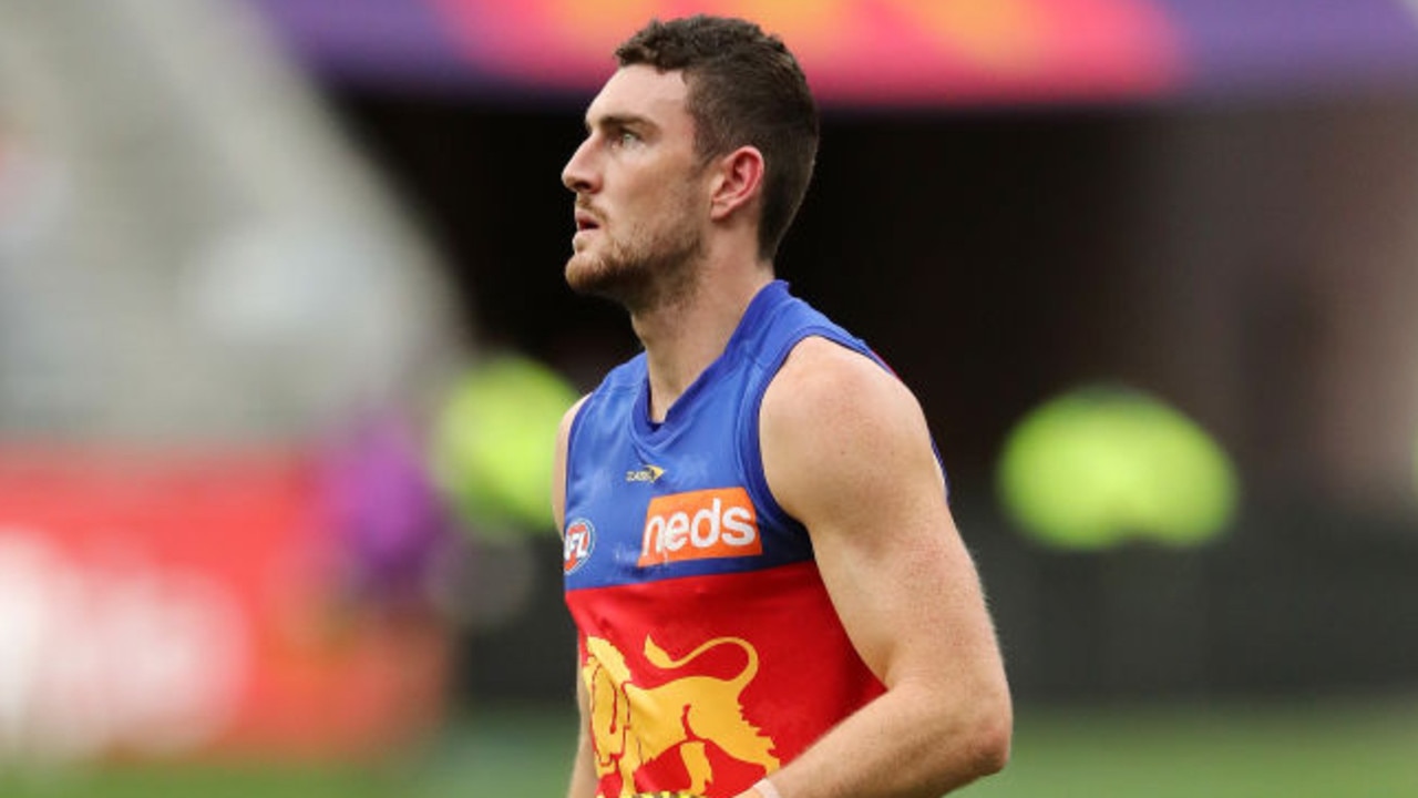 PERTH, AUSTRALIA - AUGUST 08: Daniel McStay of the Lions lines up a kick on goal during the 2021 AFL Round 21 match between the Fremantle Dockers and the Brisbane Lions at Optus Stadium on August 8, 2021 in Perth, Australia. (Photo by Will Russell/AFL Photos via Getty Images)