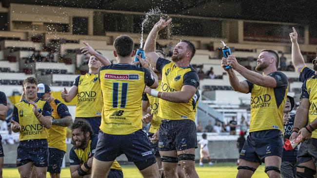 Bond celebrate their minor semi-final win over GPS. Picture: Brendan Hertel / QRU