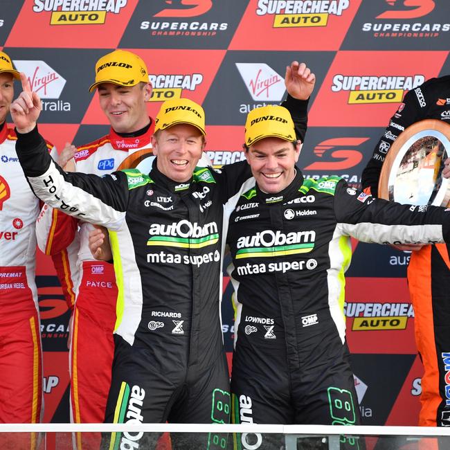 Craig Lowndes (front right) and Steven Richards in 2018. Picture: AAP/Brendan Esposito