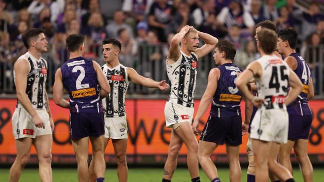 PERTH, AUSTRALIA - MAY 24: Billy Frampton of the Magpies reacts a free kick is awarded to Sean Darcy of the Dockers during the round 11 AFL match between Walyalup (the Fremantle Dockers) and Collingwood Magpies at Optus Stadium, on May 24, 2024, in Perth, Australia. (Photo by Paul Kane/Getty Images)