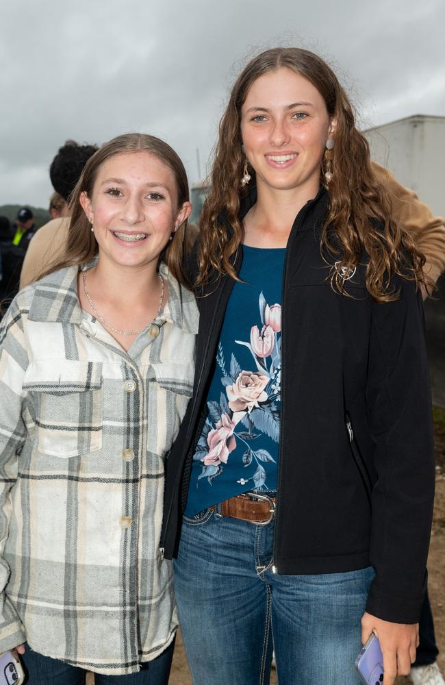 Amelia Martin from Mackay and Addison Gauci from Kuttabul at the PBR Bull Pit Bull Bash at Dittmann Bucking Bulls in Bloomsbury. August 27, 2022. Picture: Michaela Harlow