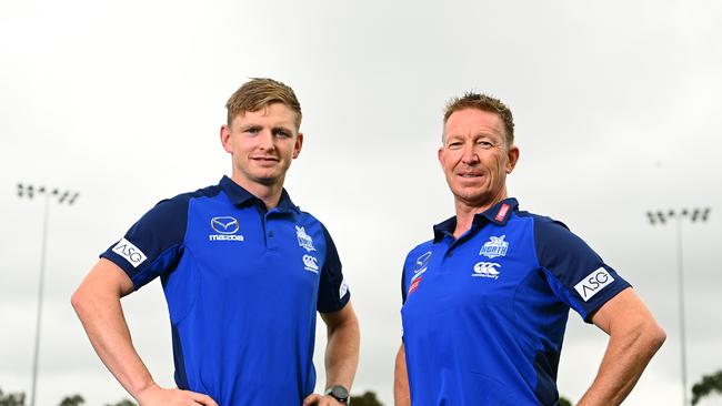 MELBOURNE, AUSTRALIA – NOVEMBER 23: Jack Ziebell of the Kangaroos poses with new Kangaroos coach David Noble during a North Melbourne Kangaroos AFL media opportunity at Arden Street Ground on November 23, 2020 in Melbourne, Australia. (Photo by Quinn Rooney/Getty Images)