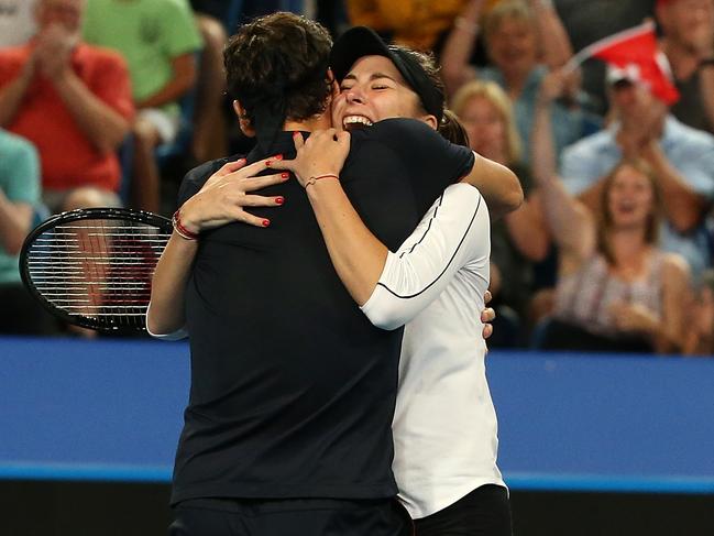 Roger Federer and Belinda Bencic celebrate Switzerland’s win. Picture: Getty Images 