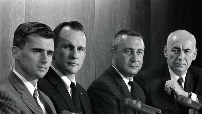 NASA official Dr. Robert R. Gilruth (far right) introduces the Apollo 1 crew during a press conference in Houston. Picture: NASA