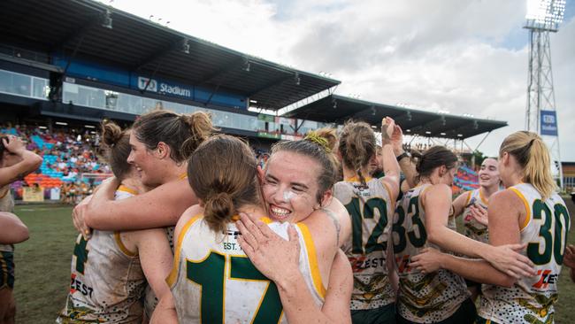 PINT celebrate their win in the 2023-24 NTFL Women's Grand Final between against St Mary's. Picture: Pema Tamang Pakhrin