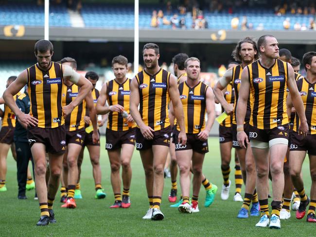 Dejected looking Hawks players leave the MCG after defeat. Pic: Michael Klein