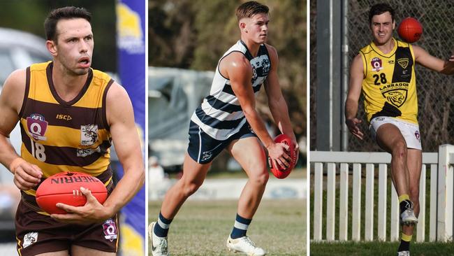 QAFL stars Jordan Arnold (Aspley), Max Lower (Broadbeach) and Mackenzie Bristow (Labrador). Pictures: Brooke Sleep Media and Highflyer Images.