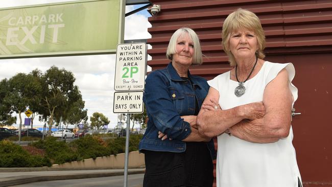 Nola Burkett and Elaine Ebert are outraged that Epping Plaza will reduce its underground parking time limit from four to two hours. Picture: David Smith