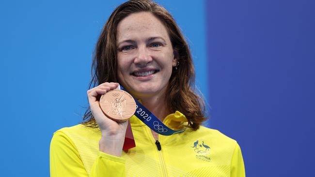 Bronze medallist Cate Campbell of Team Australia reacts on the podium during the medal ceremony for the women's 100m Freestyle Final at the Tokyo Olympic Games. Photo: Getty Images