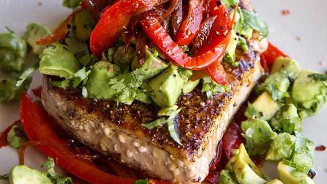 Mexican tun steaks with red peppers and avocado salsa.