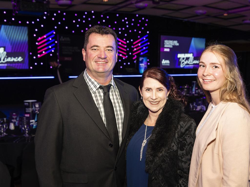 Craig, Kathy and Sophie Knauth of PlastaMasta at the Downs and Western Housing and Construction Awards at Rumours International, Friday, July 22, 2022. Picture: Kevin Farmer