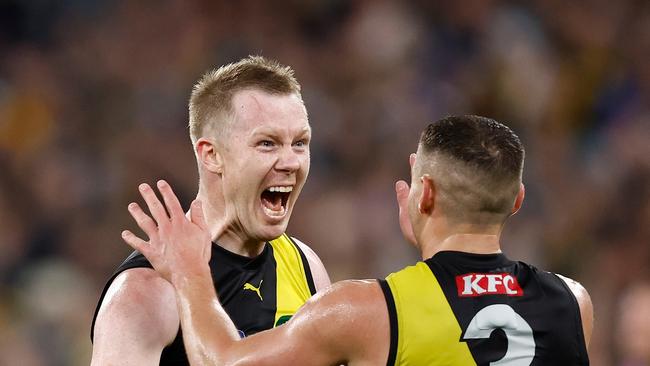 MELBOURNE, AUSTRALIA - MAY 12: Jack Riewoldt (left) and Dion Prestia of the Tigers celebrate during the 2023 AFL Round 09 match between the Richmond Tigers and the Geelong Cats at the Melbourne Cricket Ground on May 12, 2023 in Melbourne, Australia. (Photo by Michael Willson/AFL Photos via Getty Images)