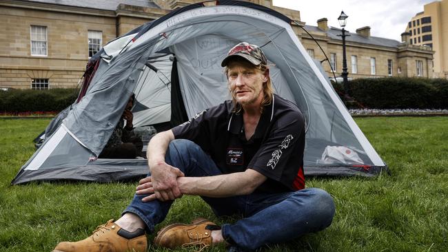 Joseph Darling has been homeless for year's and has been protesting on parliament lawns. $300m has been earmarked to deliver new housing and homelessness initiatives. Picture: Zak Simmonds