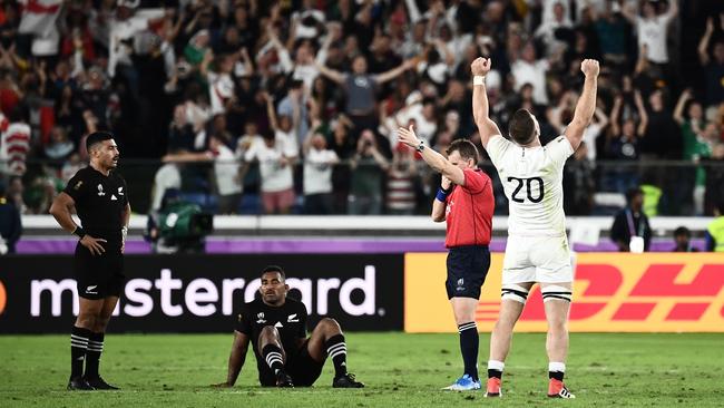 Backrower Mark Wilson, right, celebrates at the final whistle of England’s World Cup semi-final win over New Zealand in Yokohama last year. Picture: AFP