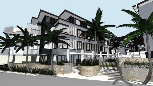 An artist's impression of the "Bathers Collaroy" redevelopment at Collaroy, looking at the entrance between the two buildings to the communal area and retail space on the Alexander St side of the redevelopment. Picture: HCAP Developments