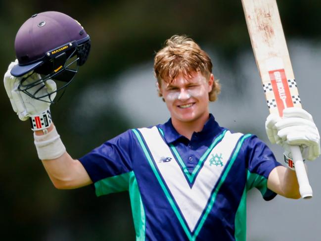 Oliver Peake raises the bat after a hundred against Tasmania. Picture: Dylan Burns.