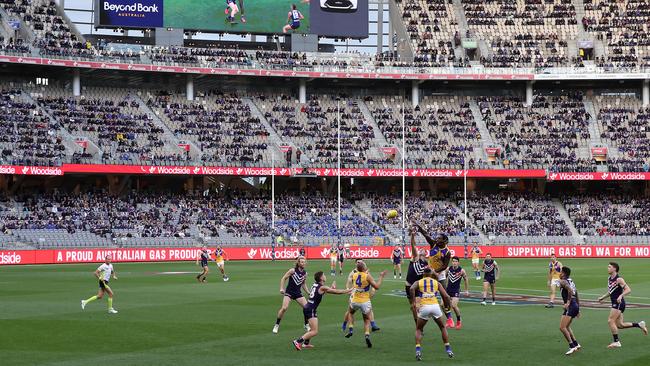 Sean Darcy of the Dockers and Nic Naitanui of the Eagles contest the ruck at Optus Stadium. Picture: Getty Images