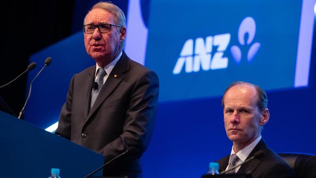 David Gonski addresses yesterday’s ANZ meeting in Perth as Shayne Elliott looks on. Picture: AAP