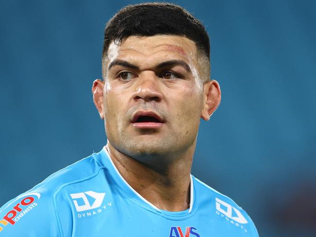 GOLD COAST, AUSTRALIA - MARCH 30: David Fifita of the Titans looks on during the round four NRL match between Gold Coast Titans and Dolphins at Cbus Super Stadium, on March 30, 2024, in Gold Coast, Australia. (Photo by Chris Hyde/Getty Images)