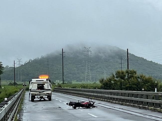 The scene of a fatal crash involving a motorcycle on Pleystowe Connection Rd. Picture: Fergus Gregg