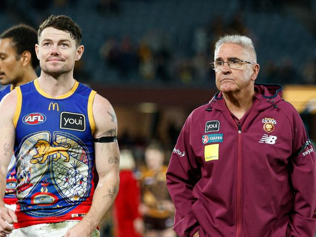Lachie Neale and Chris Fagan are looking for answers after Brisbane’s poor start to 2024. Picture: Dylan Burns/AFL Photos via Getty Images