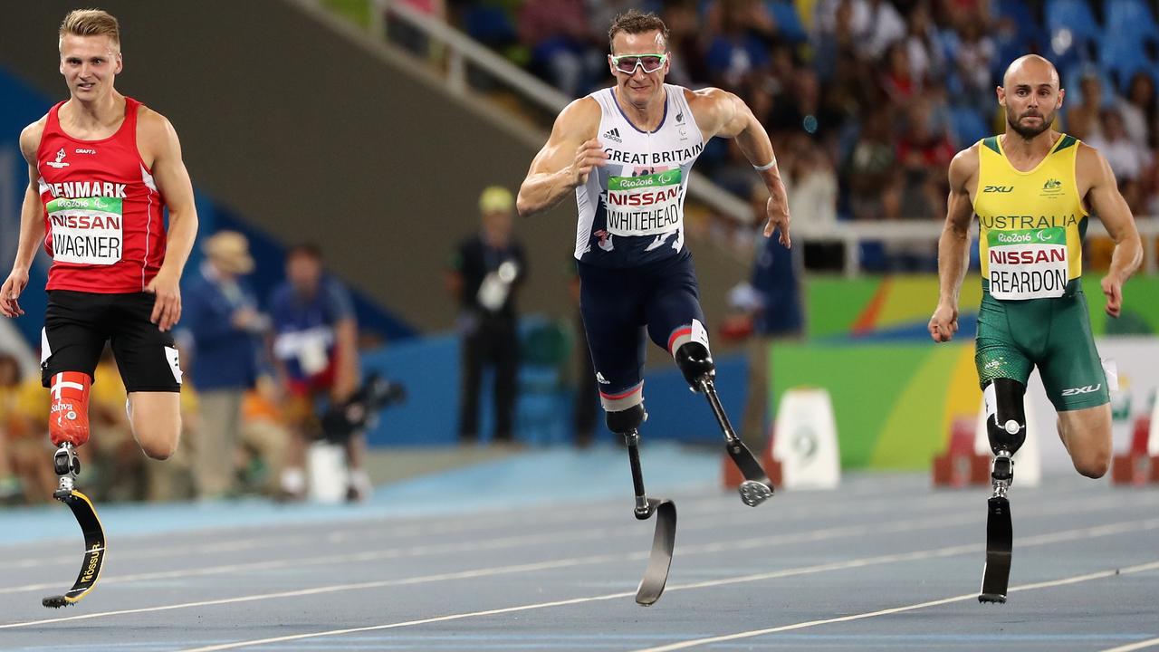 Daniel Wagner of Denmark, Richard Whitehead of Great Britain and Scott Reardon of Australia in the 100m final in Rio.