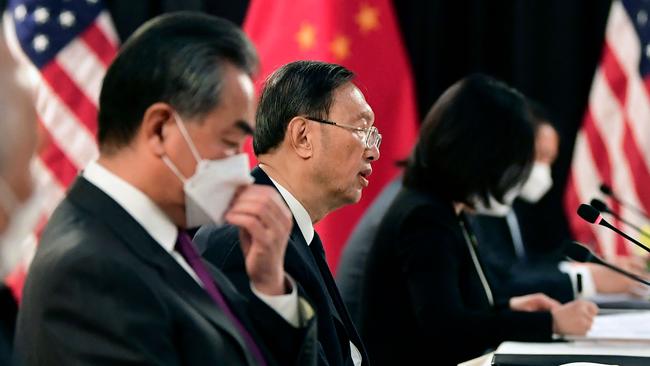 The Chinese delegation led by Yang Jiechi, centre, director of the Central Foreign Affairs Commission Office, at talks with their US counterparts in Alaska. Picture: AFP