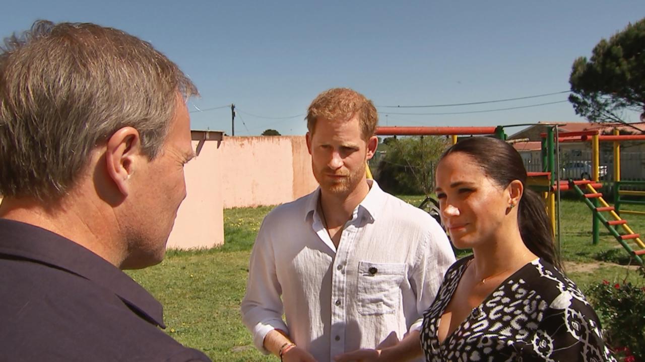 Prince Harry and Meghan Markle interviewed by ITV’s Tom Bradby, a friend of the Sussexes, in Africa. Picture: Supplied