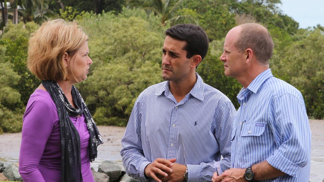 Then Whitsunday mayor Jennifer Whitney, then Local Government Minister David Crisafulli and former Premier Campbell Newman in Airlie Beach. Picture: Sharon Smallwood / Whitsunday Times