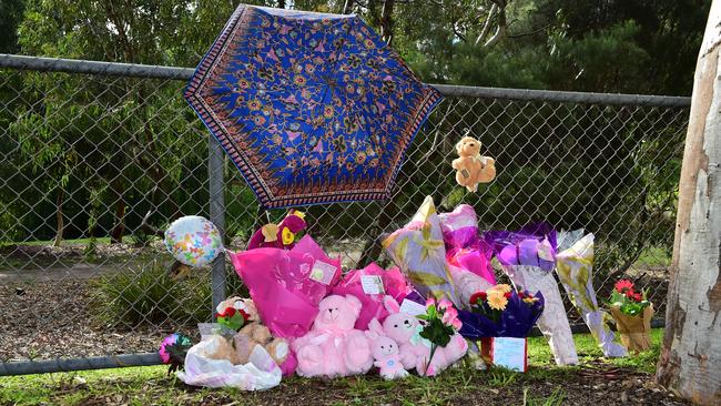 Memorial for 15 month old baby Sanaya Sahib, murdered at Darebin Creek. Look for mourners laying flowers/ toys at scene.