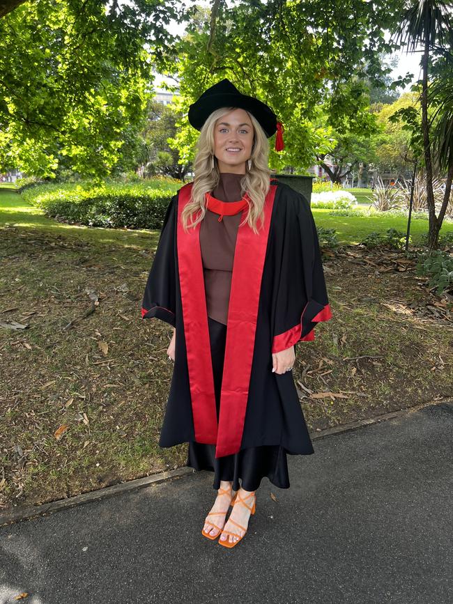 Dr Georgina Johnson (PhD in Childhood Stuttering Research) at the University of Melbourne graduations held at the Royal Exhibition Building on Tuesday, December 17, 2024. Picture: Jack Colantuono