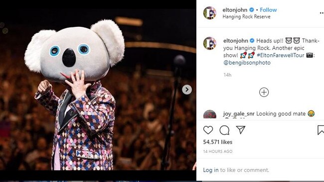 Elton John wears a koala head at the end of his Hanging Rock concert. Picture: Instagram