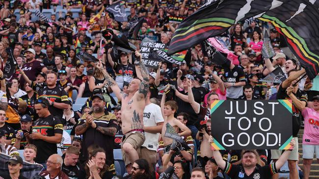 Thousands of fans cheered on as they watched the NRL Telstra Premiership Grand Final at Accor Stadium between Penrith Panthers and Brisbane Broncos. Picture: NCA NewsWire / David Swift