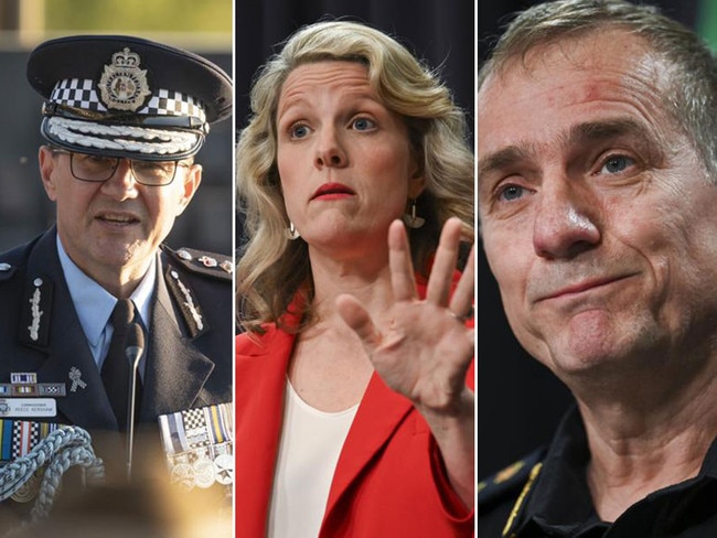 Three monkeys? AFP boss Reece Kershaw, left, home affairs minister Clare O’Neil, and ABF head Michael Outram. Pictures: News Corp