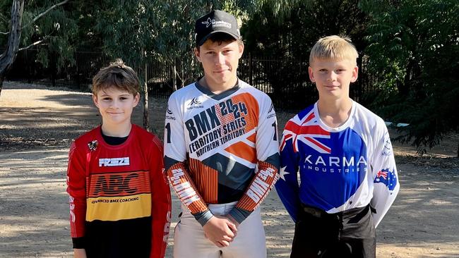 Hayden Smith, Mason Auton and Jaxson Johns at the Nationals in Shepparton, Victoria, 2025. Picture: Satellite City BMX Club