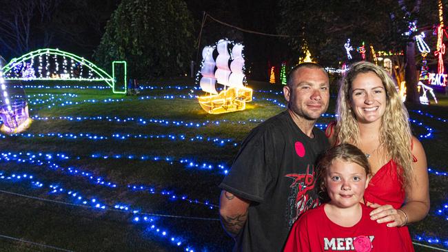 At Toowoomba's Christmas Wonderland are (from left) Nathan Moffitt, Gracie Moffitt and Niamh Jennings in Queens Park, Saturday, December 7, 2024. Picture: Kevin Farmer