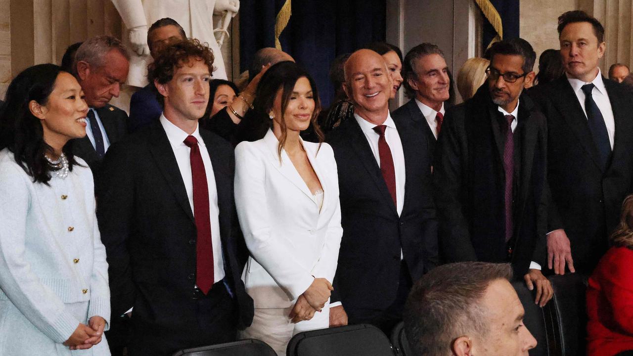 Amazon founder Jeff Bezos (third from right) at Donald Trump’s inauguration with, from left: Priscilla Chan, Meta founder Mark Zuckerberg, Lauren Sanchez, Google CEO Sundar Pichai and Tesla CEO Elon Musk.