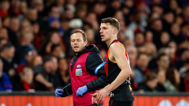 Jordan Ridley was Essendon’s best player in the loss to the Bulldogs but limped from the field with a quad injury during the last quarter and did not return. Picture: Dylan Burns / Getty Images