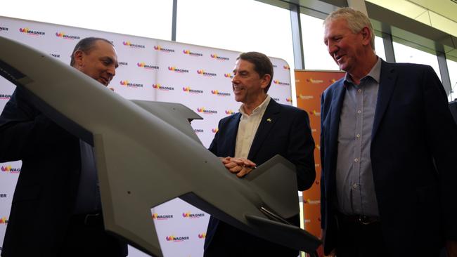 Boeing Global Service Vice President Scott Carpendale, Queensland Deputy Premier Cameron Dick and Wagner Corporation Director Denis Wagner at Toowoomba Wellcamp for the construction of the MQ-28 Ghost Bat production facilities. Picture: Christine Schindler