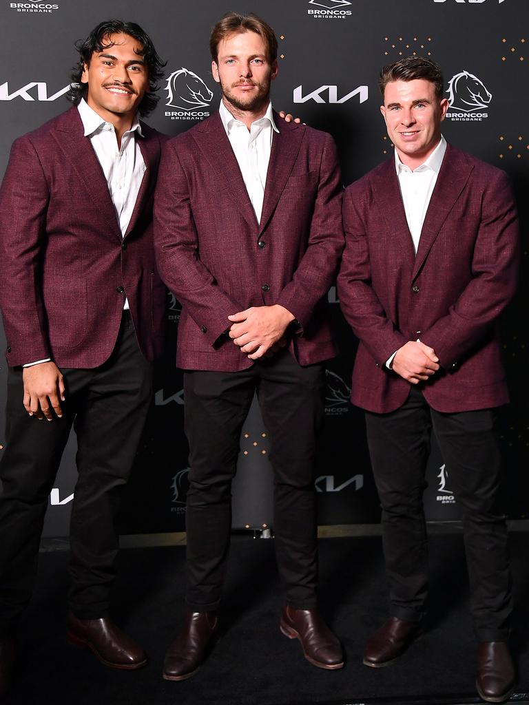 Brendan Piakura, Jack Gosiewski and Jock Madden at the Broncos’ 2025 season launch at The Star Brisbane. Picture: John Gass