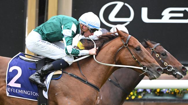 First Settler (outside) defeats Landmark at Flemington on Saturday in a repeat of their first encounter. Picture: Vince Caligiuri/Getty Images