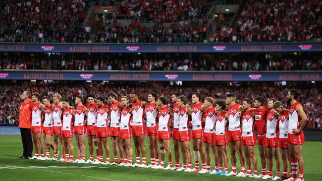 The Swans line up for the Welcome to Country and national anthem on Friday night. (Photo by Matt King/AFL Photos/Getty Images)