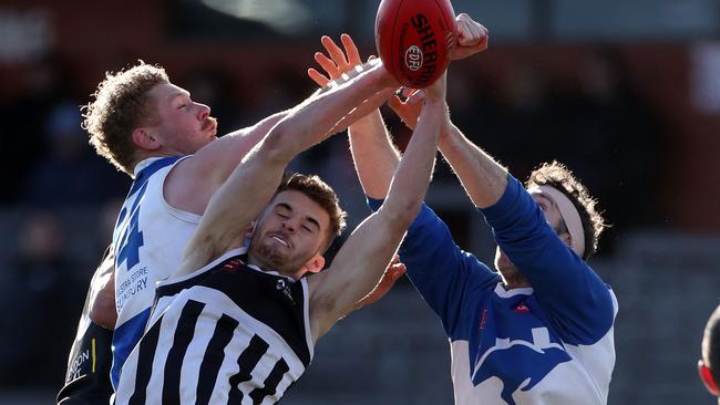 Sunbury Kangaroos and Moonee Valley lock horns in the 2019 EDFL Division 2 grand final. Picture: Mark Dadswell