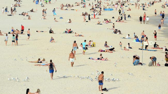 Sydneysiders take to Bondi Beach as hot weather hits Sydney on Thursday. Picture: Jeremy Piper