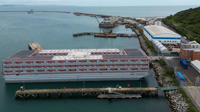 The Bibby Stockholm immigration barge in Portland, England. Picture: Getty Images.