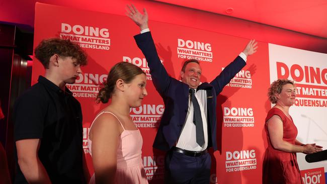 Premier Steven Miles and wife Kim and daughter Bridie, sons Aidan and Sam at the Labor Headquarters Election Campaign Party at Murrumba Downs Tavern. Picture: Adam Head