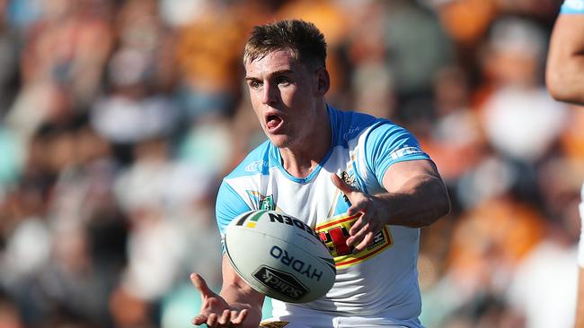 Titans AJ Brimson during the Wests Tigers v Gold Coast Titans NRL match at Leichhardt Oval. Picture: Brett Costello