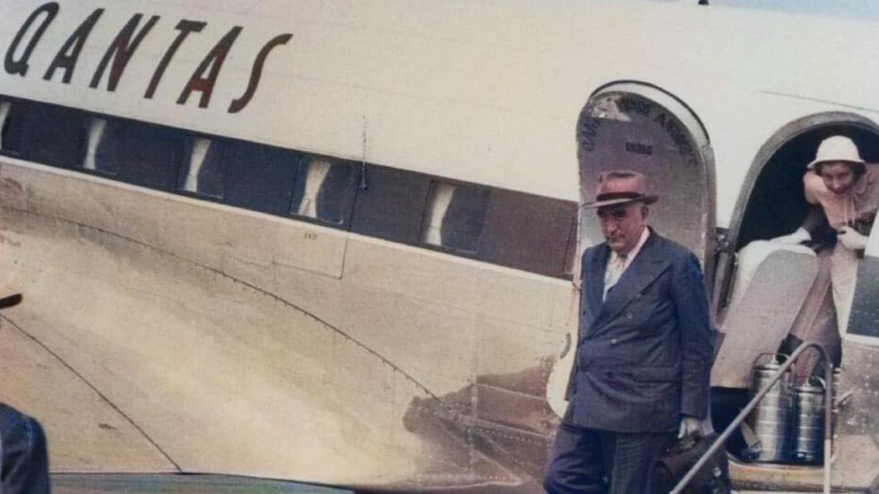 Prime Minister Robert Menzies arrives at Bundaberg Airport in 1953, along with daughter Heather and wife Pattie. The family was given a civic reception and spoke at several meetings. Photo: Bundaberg Regional Libraries.