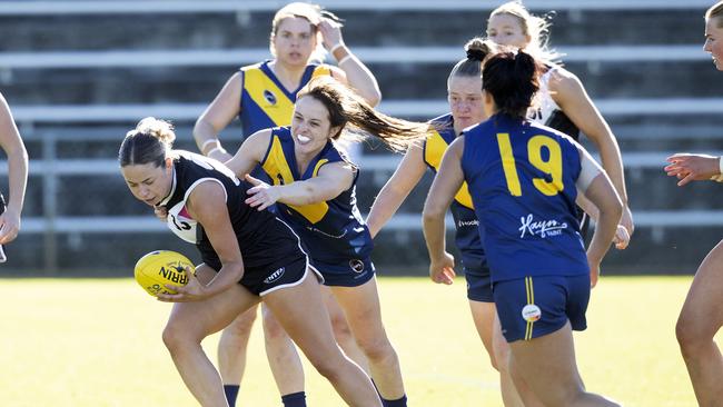 Senior Women SFL Rachel Archerl and NTFA Lucy Cooper at North Hobart Oval. Picture: Chris Kidd